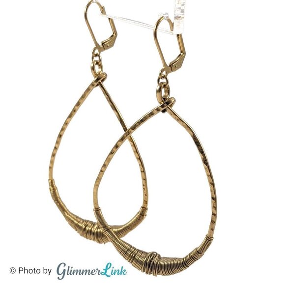 Double Happiness Wire Wrapped Hammered Teardrop Gold Tone Earrings - Picture 4 of 8